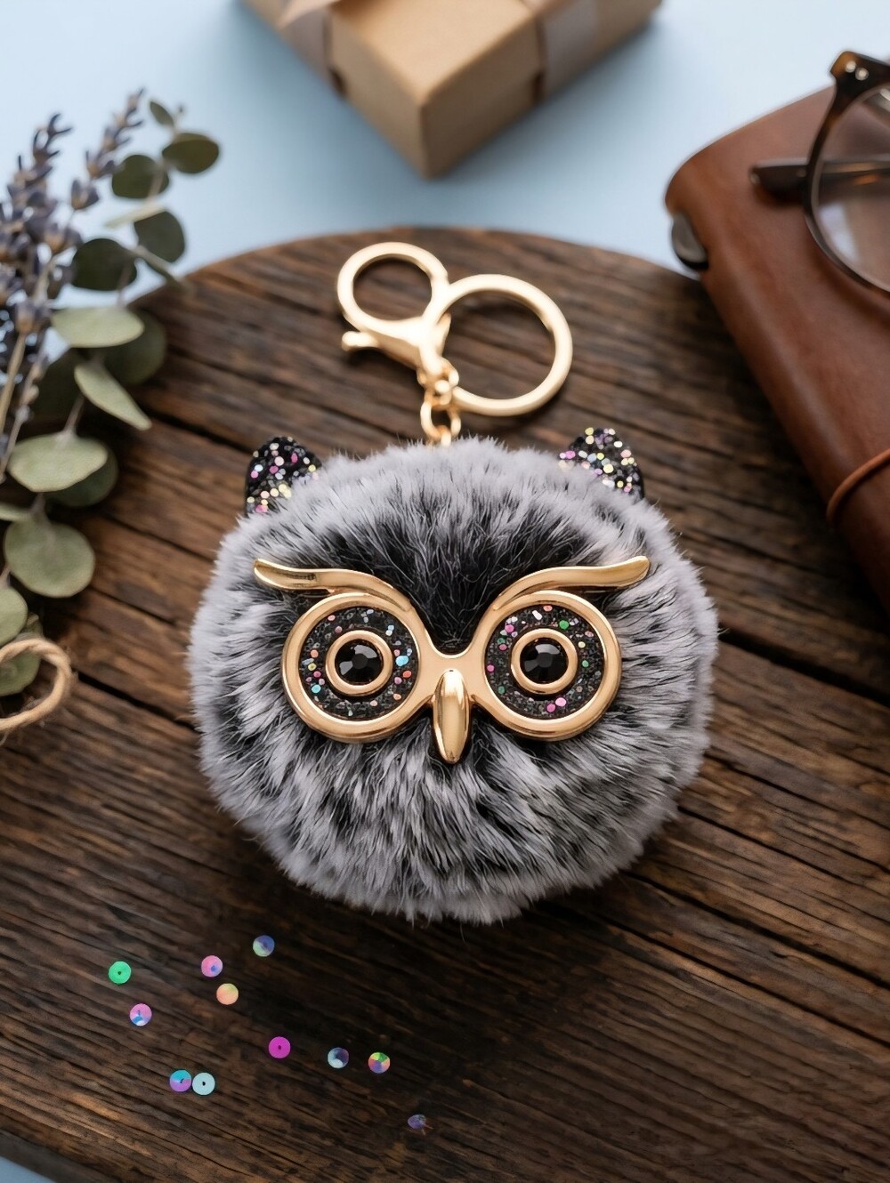 Plush Owl Pom Keychain with Gold Accent - Gray